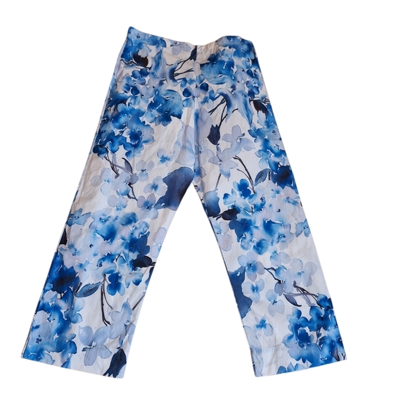 Bryn Walker Blue Tropical Floral Cropped Capri Pants 100% Cotton Ladies Med NWT - Picture 2 of 5
